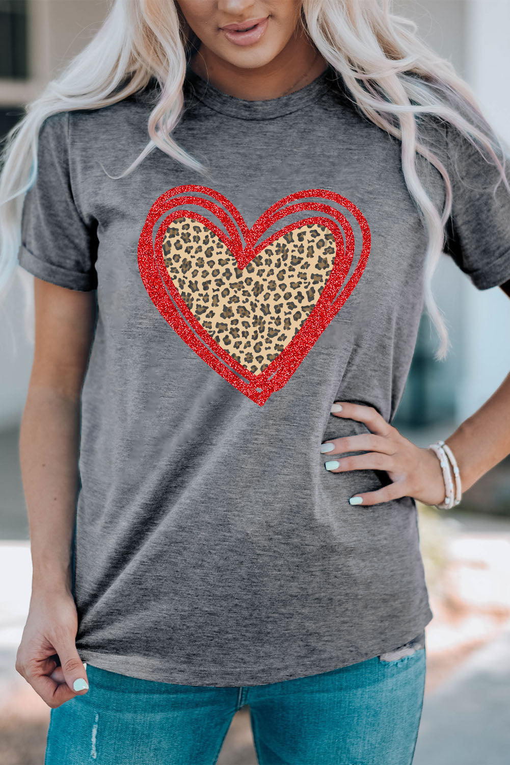 Gray Sequin Leopard Heart Graphic T-shirt