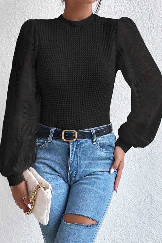 Black Sunflower Mesh Bubble Sleeve Waffle Knit Top