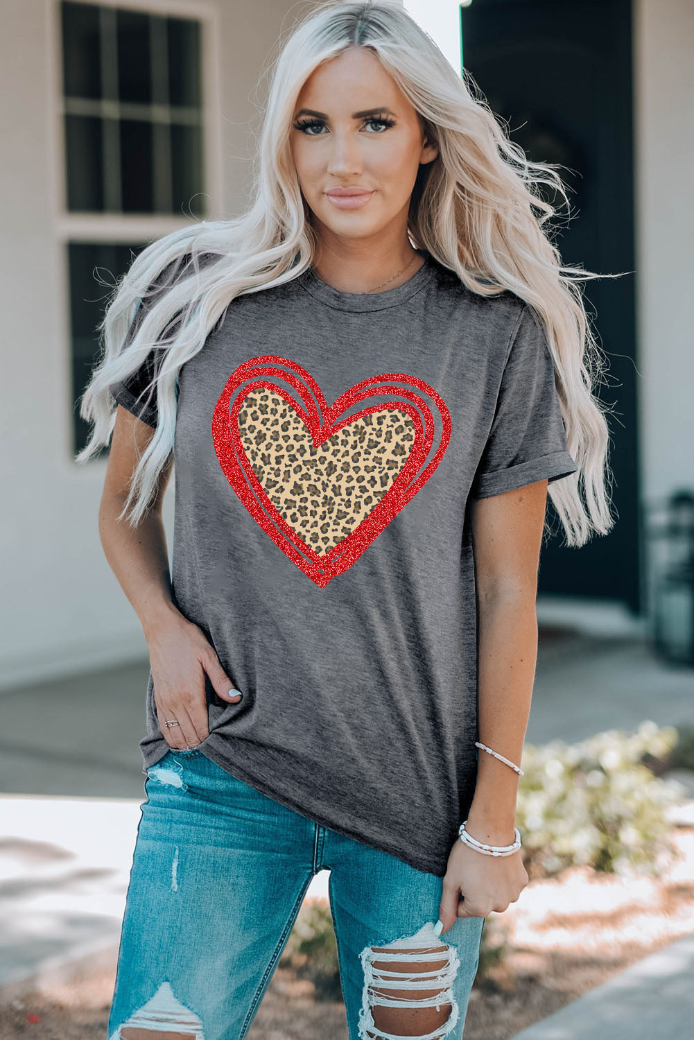 Gray Sequin Leopard Heart Graphic T-shirt