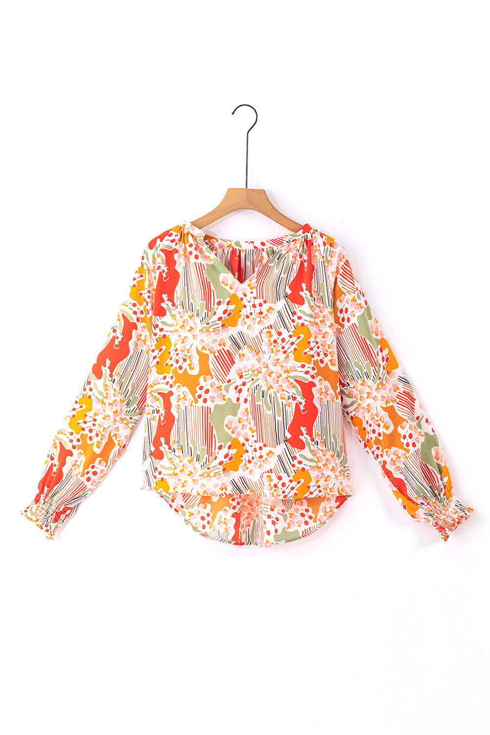 Orange Printed Boho Print V Neck Ruched Bishop Sleeve Blouse