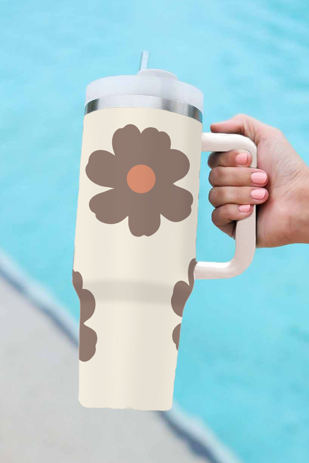 Light French Beige Flower Print Handle Stainless Vacuum 40oz