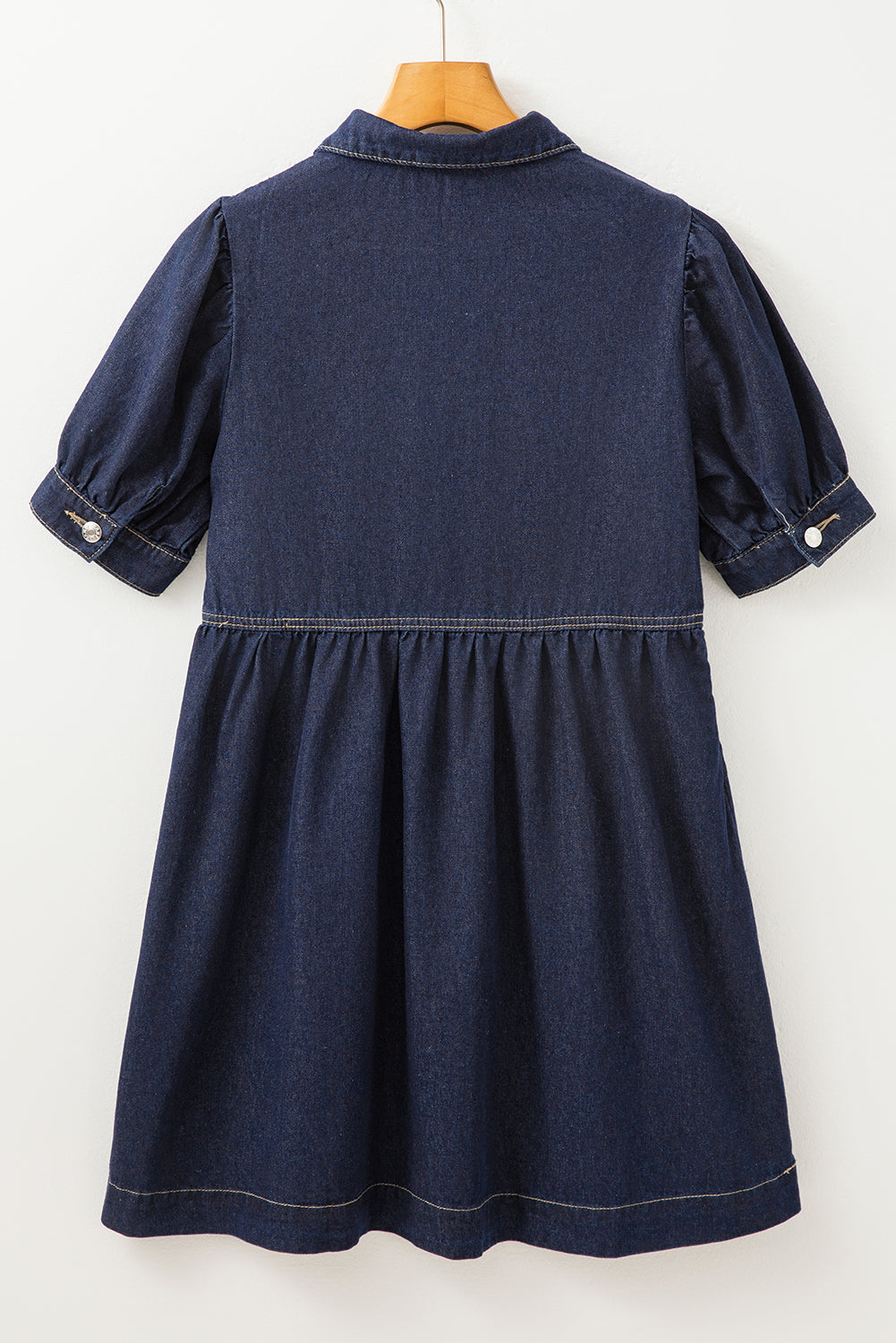 Dirty blue Zipped up Bodice Collared Short Puff Sleeve Denim Dress