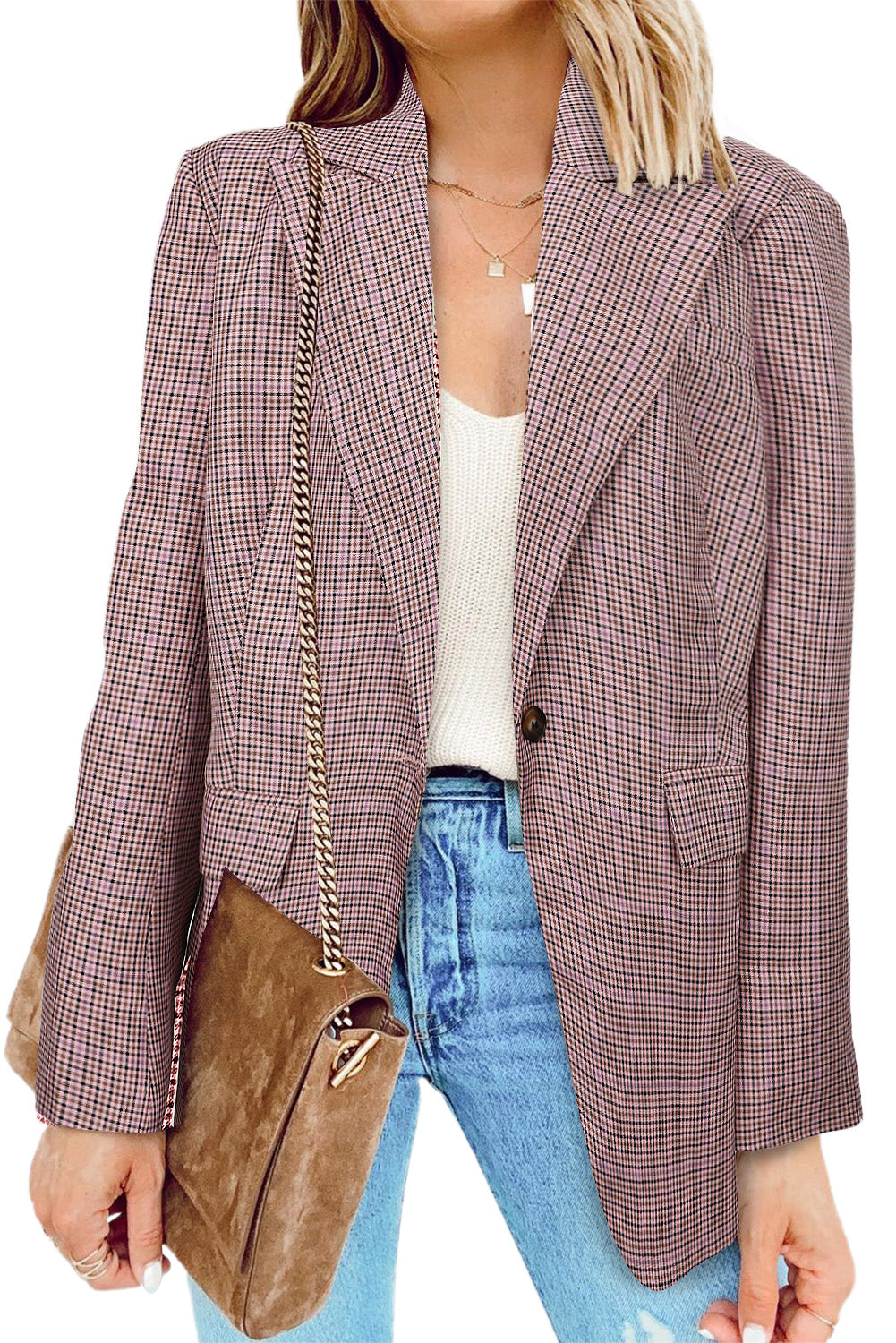 Plaid Print Lapel Collar Buttoned Blazer