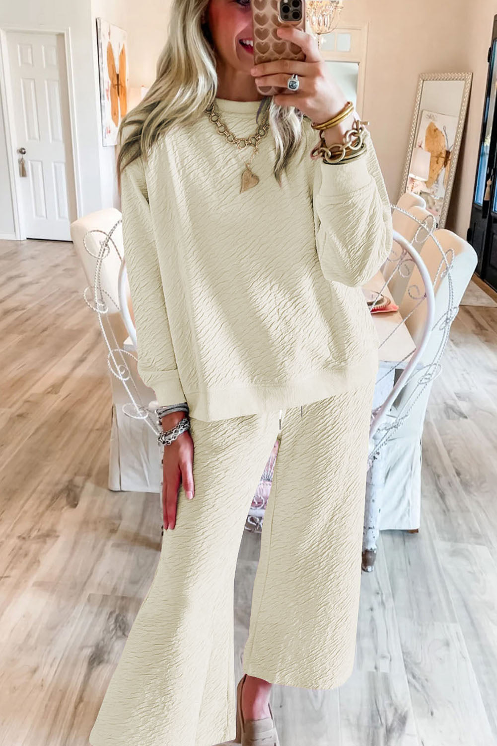 White Textured Long Sleeve Top Drawstring Pants Set