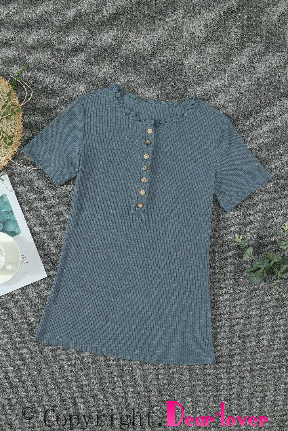 Blue Buttoned Ribbed Knit Short Sleeve Top