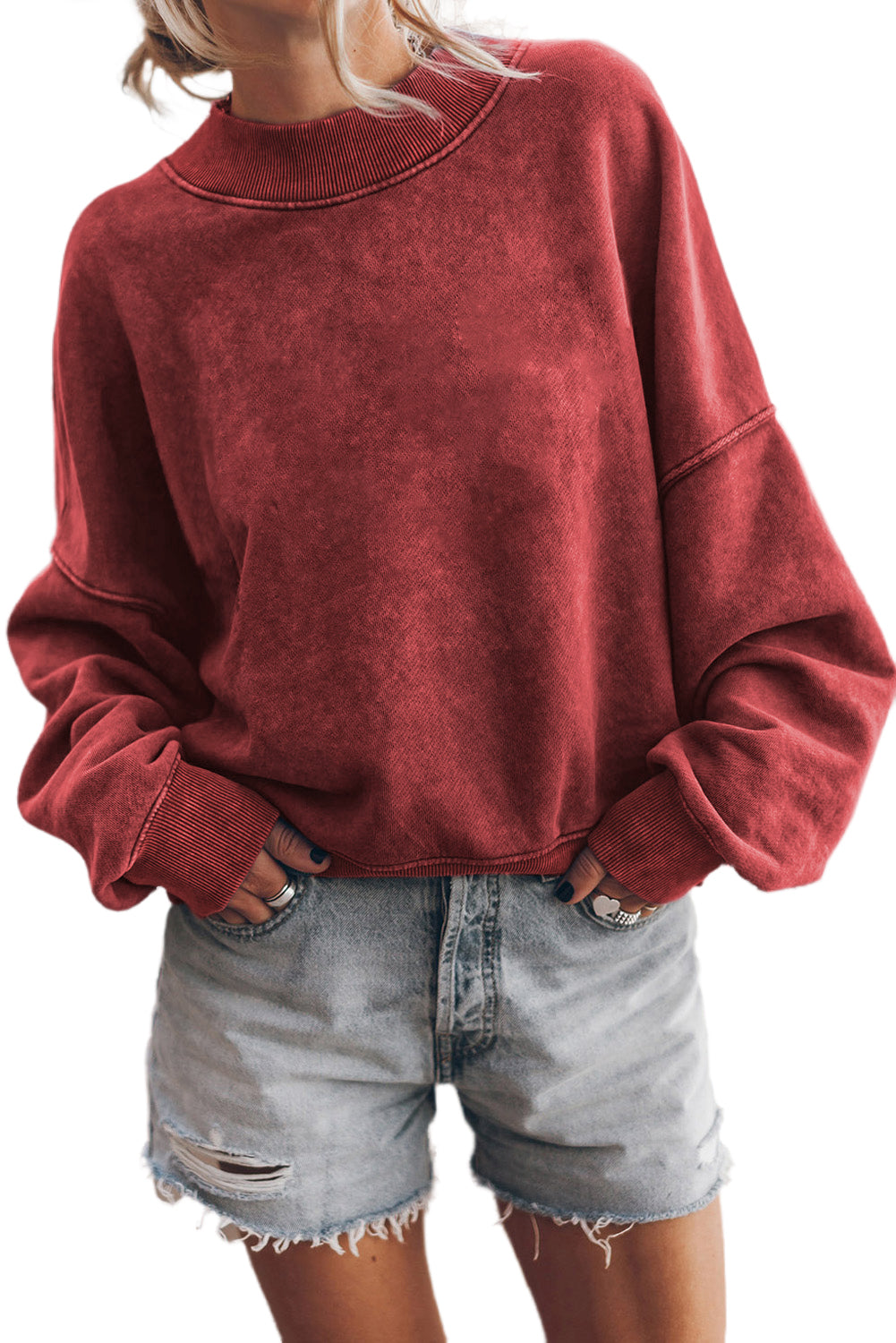 Red Dahlia Drop Shoulder Crew Neck Pullover Sweatshirt