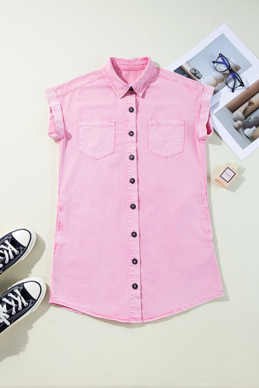 Pink Short Sleeve Double Chest Pocket Denim Shirt Dress