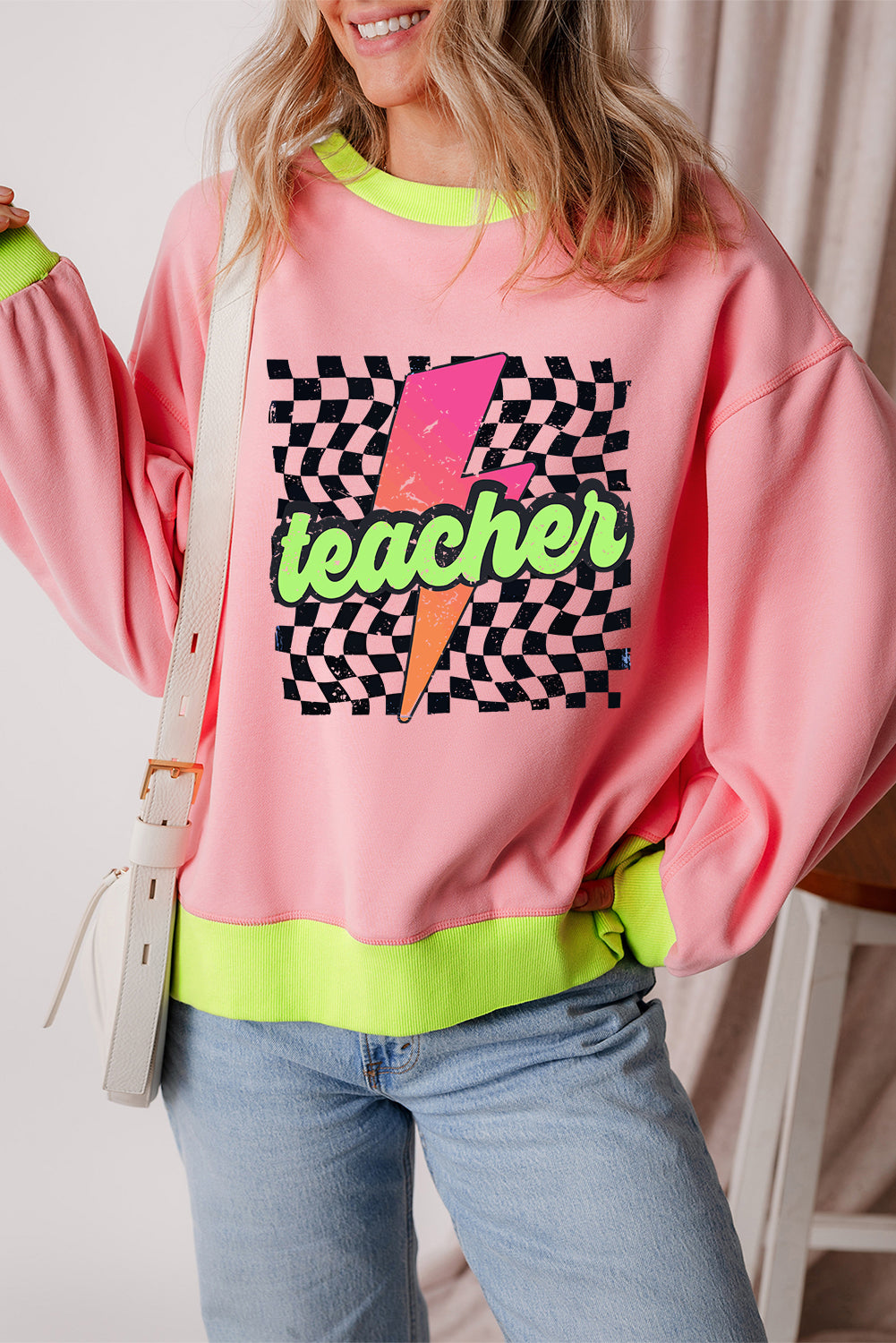 Pink Teacher Lightning Checkered Print Color Block Sweatshirt