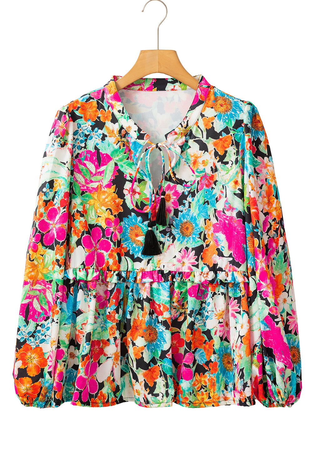 Multicolour Floral Print Bubble Sleeve V Neck Ruffled Blouse