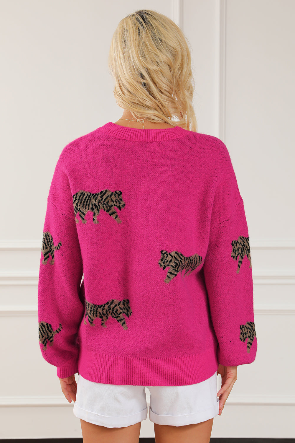 Rose Red Fierce Animal Pattern Casual Knitted Sweater