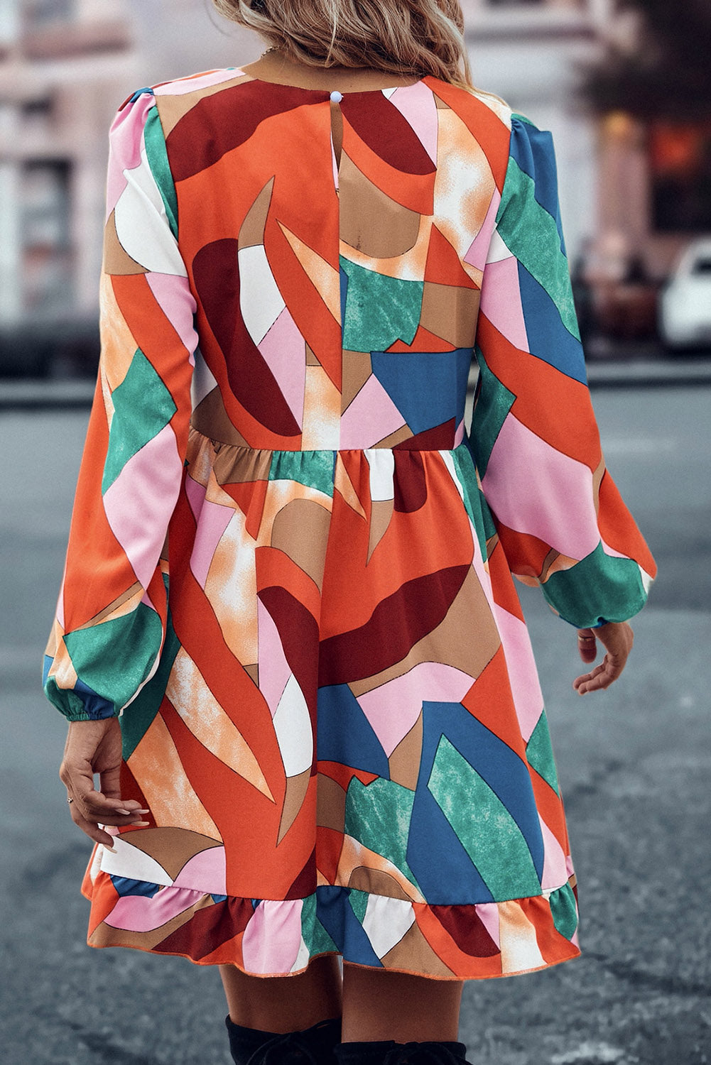 Multicolor Geometric Print Long Sleeve Ruffle Babydoll Dress