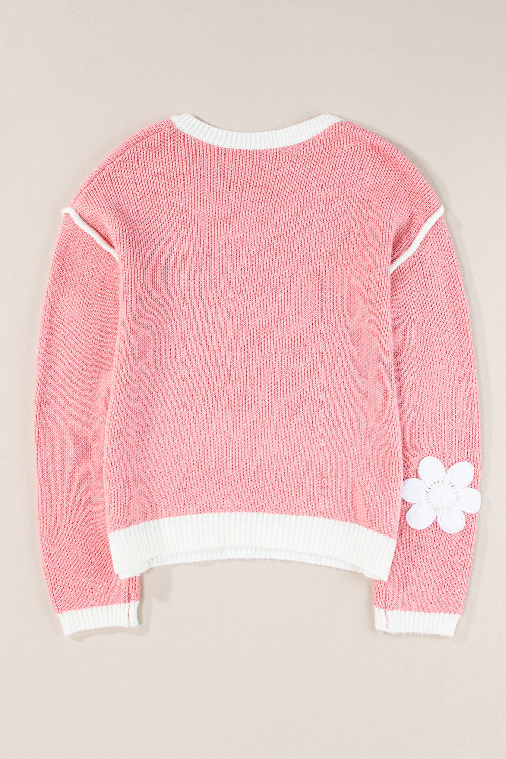 Pink Flower V Neck Dropped Shoulder Sweater