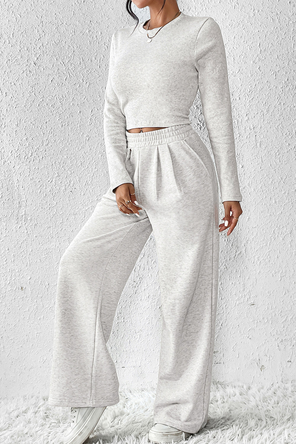 Beige Crop Top and Wide Leg Pants Two Piece Set