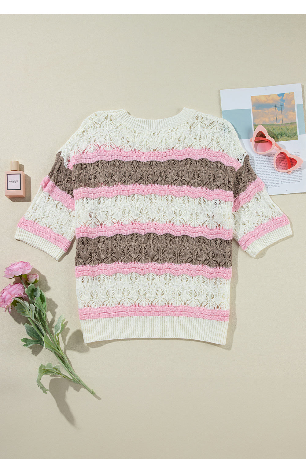 Brown Stripe Color Block Hollow Out Crochet Half Sleeve Sweater