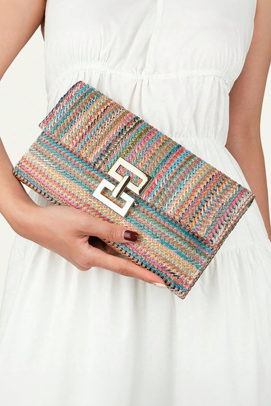 Multicolour Woven Metal Clasp Flap Handbag