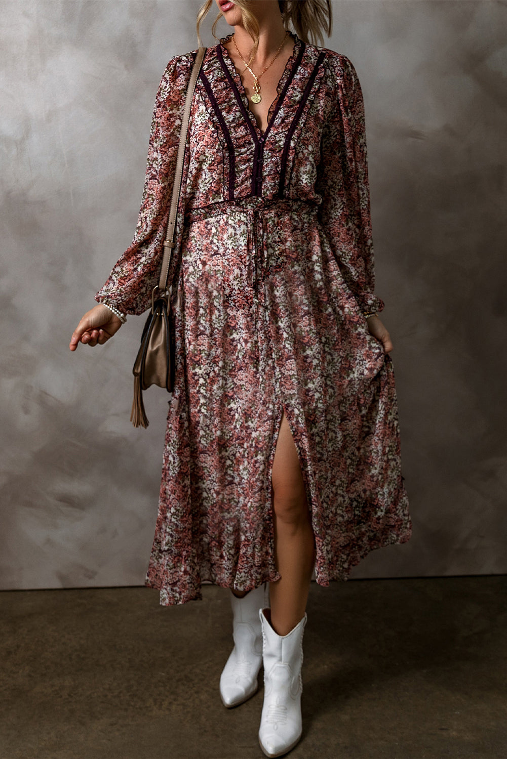 Brown Floral Print Split Front Tiered Frilled V Neck Midi Dress