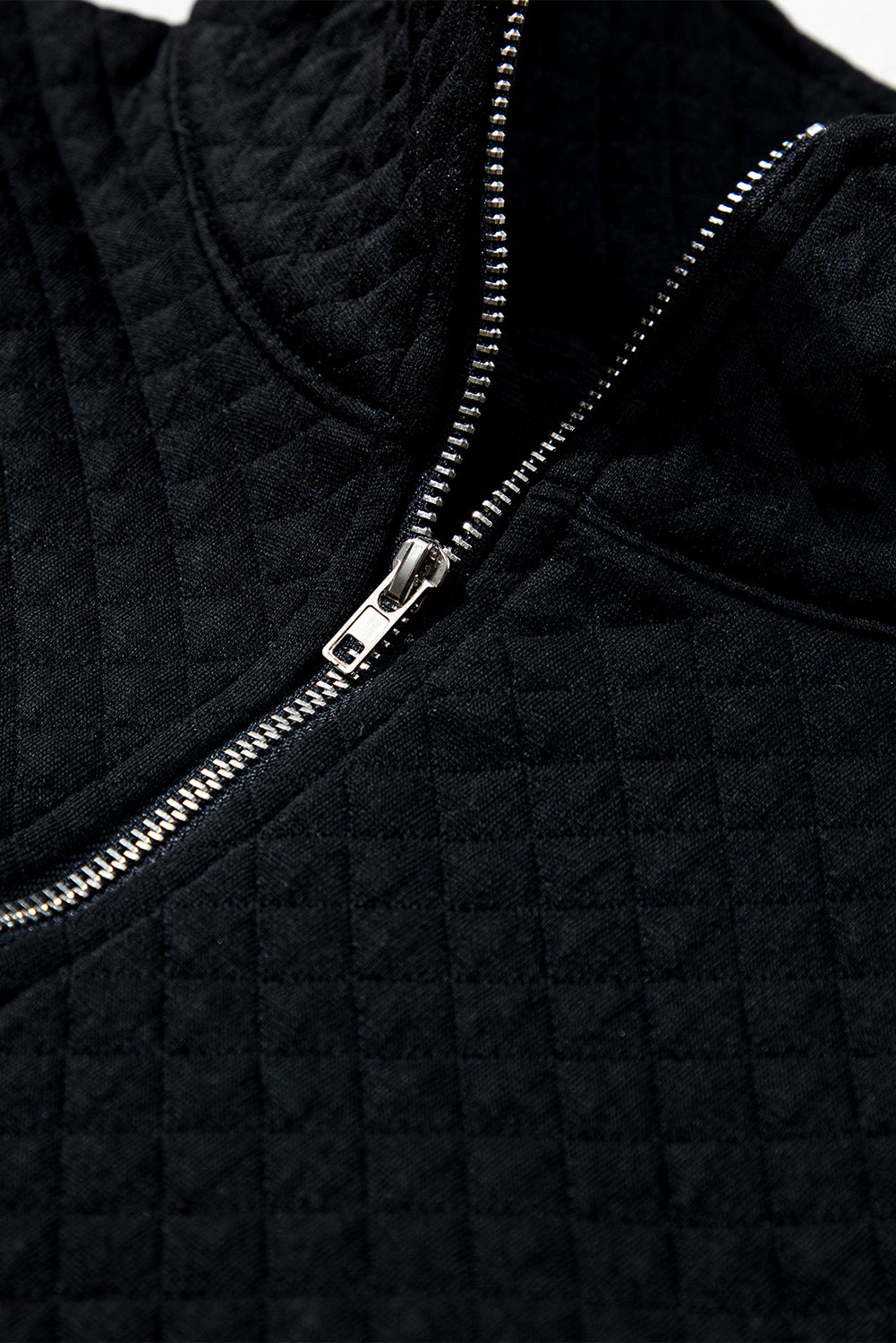 Black Solid Half Zipper Quilted Pullover Sweatshirt