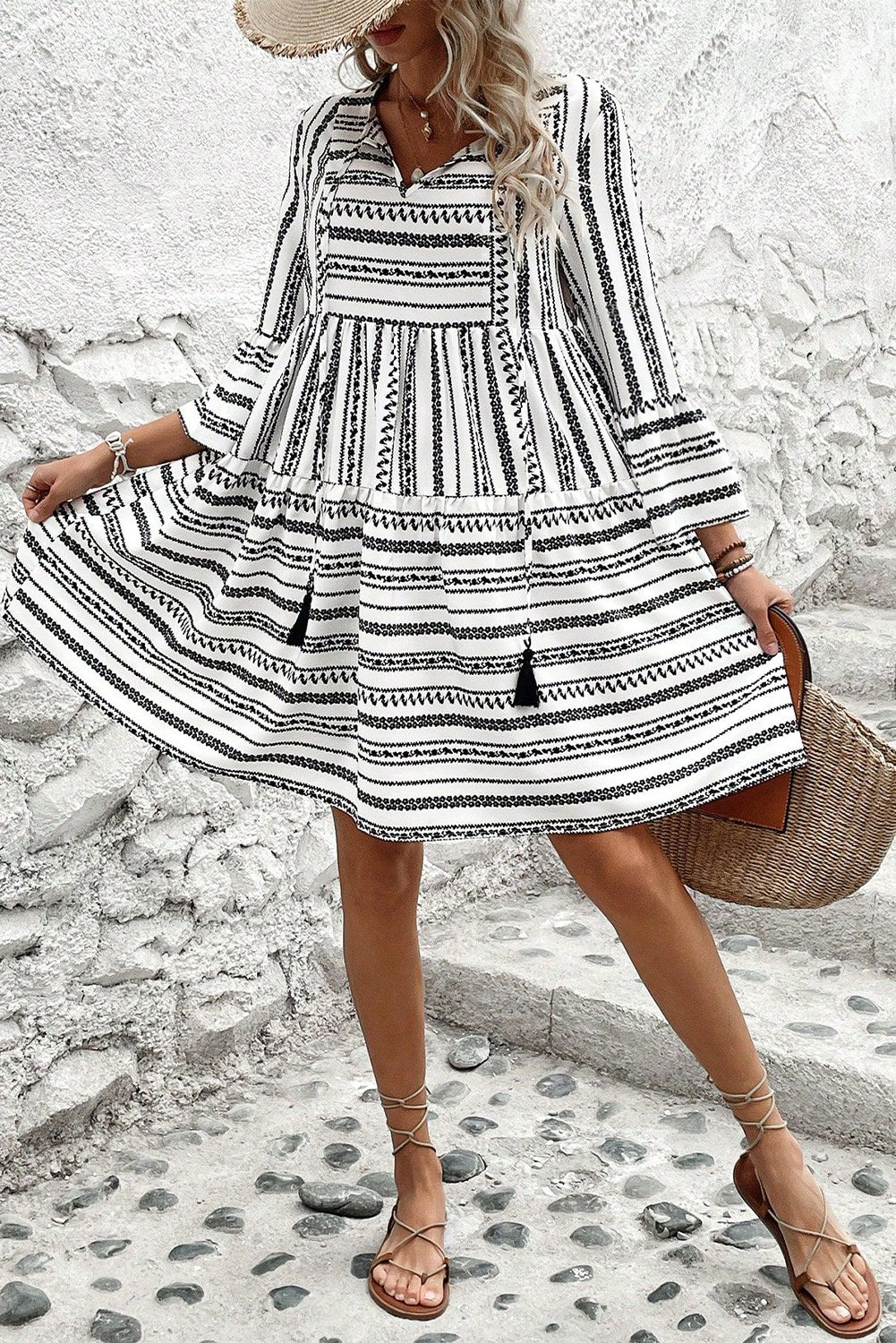 Black Stripe V Neck Bell Sleeve High Waist Mini Dress