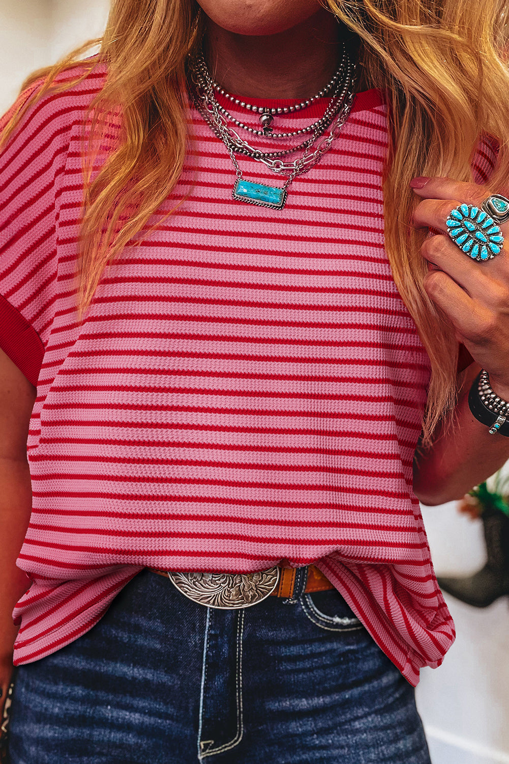 Pink Stripe Knitted Round Neck T Shirt