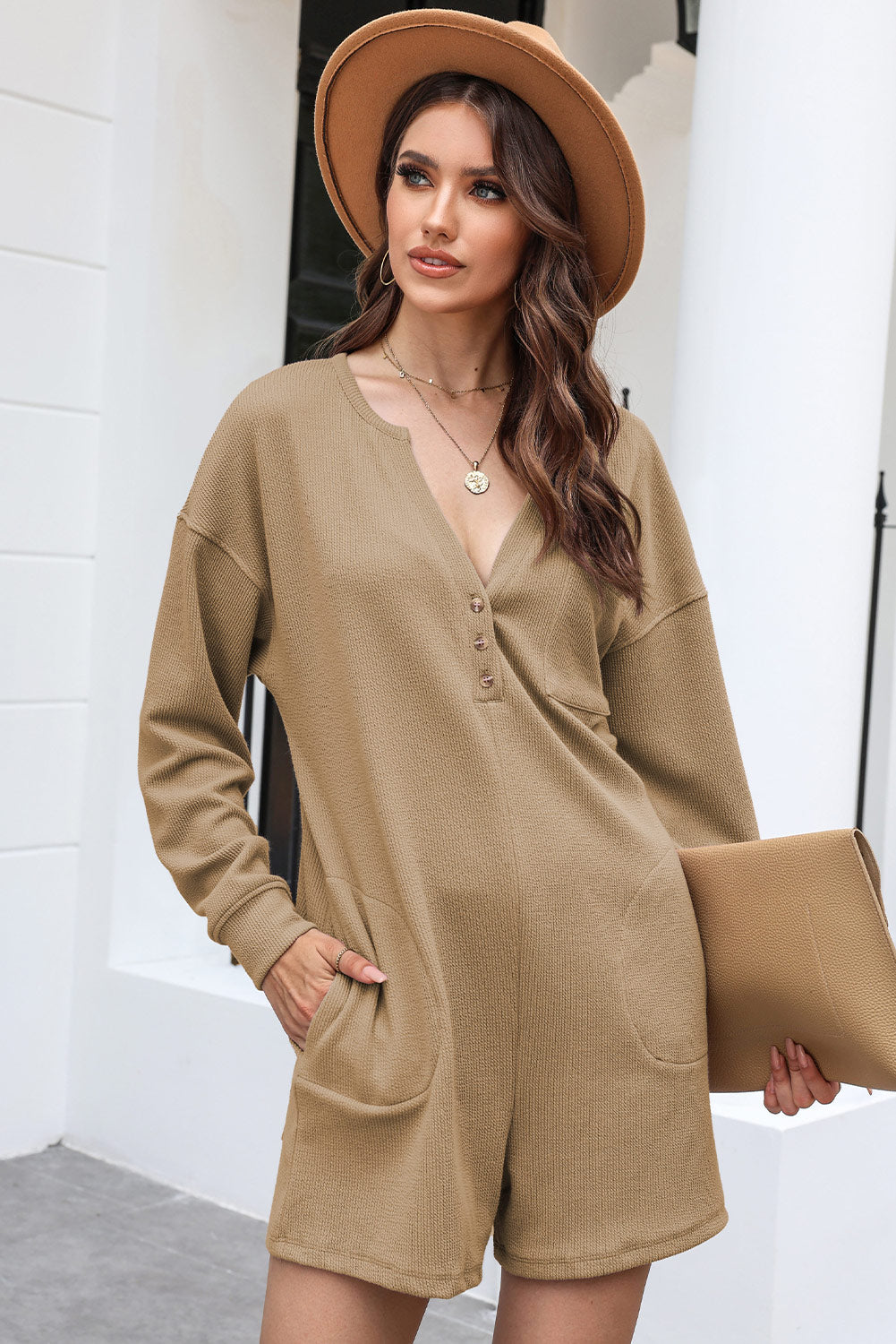 Khaki Brushed Ribbed Button Split V Neck Long Sleeve Romper