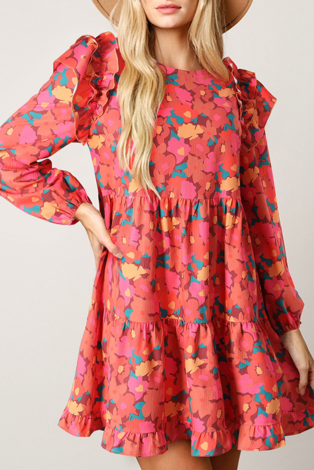 Rose Red Ruffle Shoulder Long Sleeve Floral Mini Dress