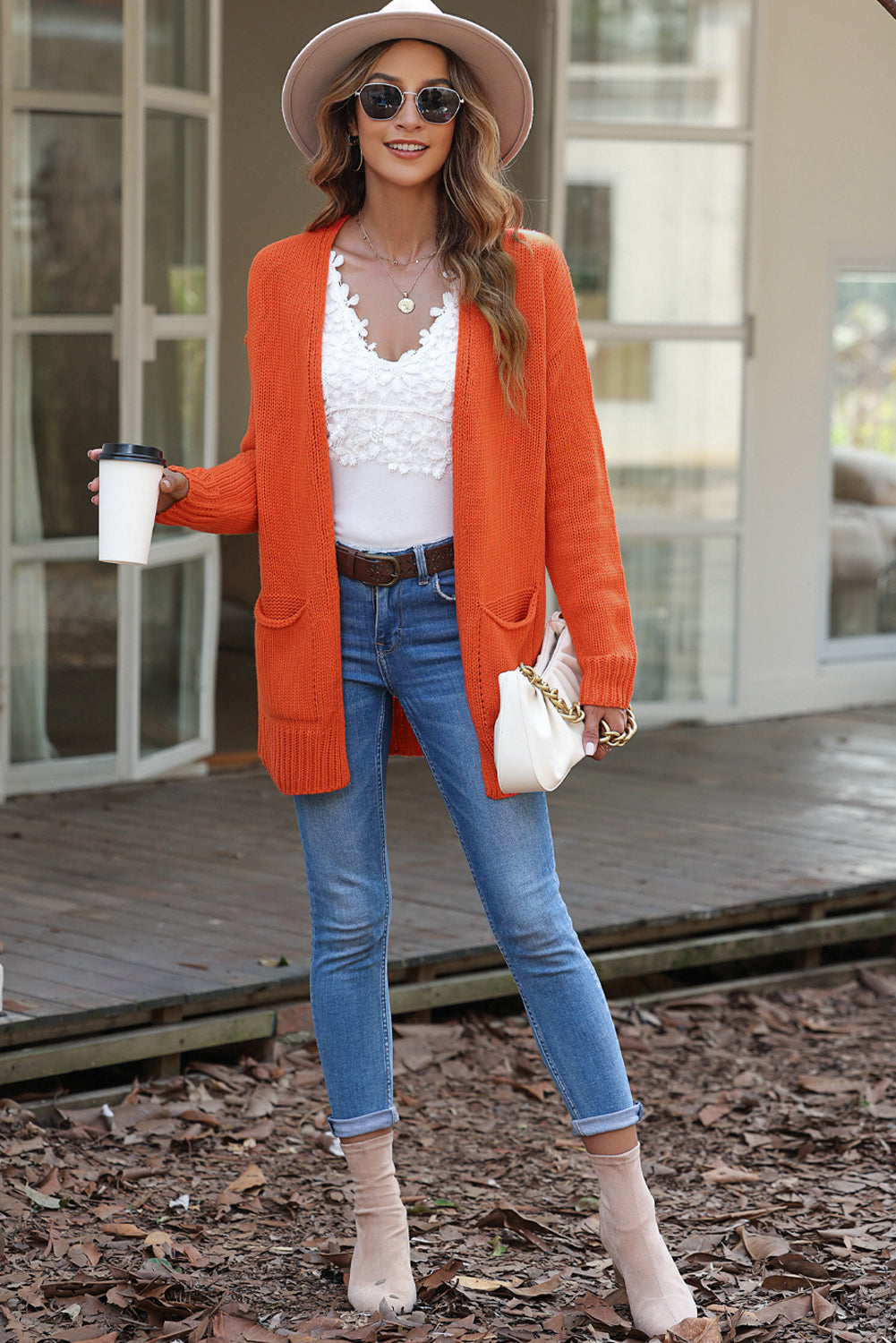 Orange Plain Dual Pockets Open Front Cardigan