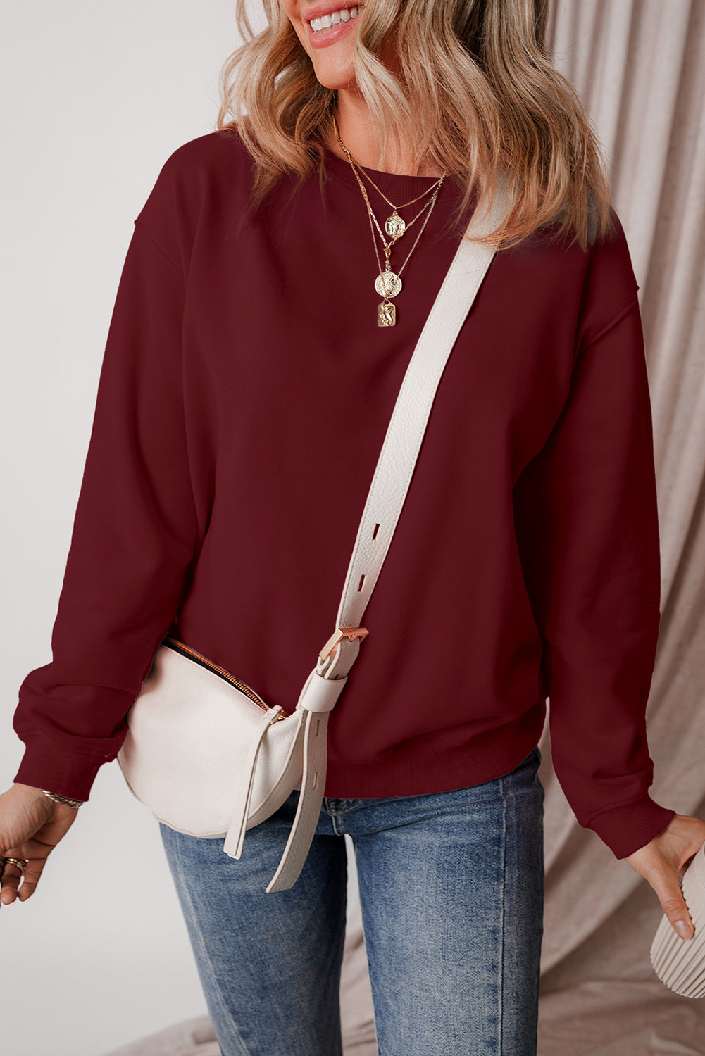 Burgundy Solid Fleece Lined Drop Shoulder Terry Sweatshirt