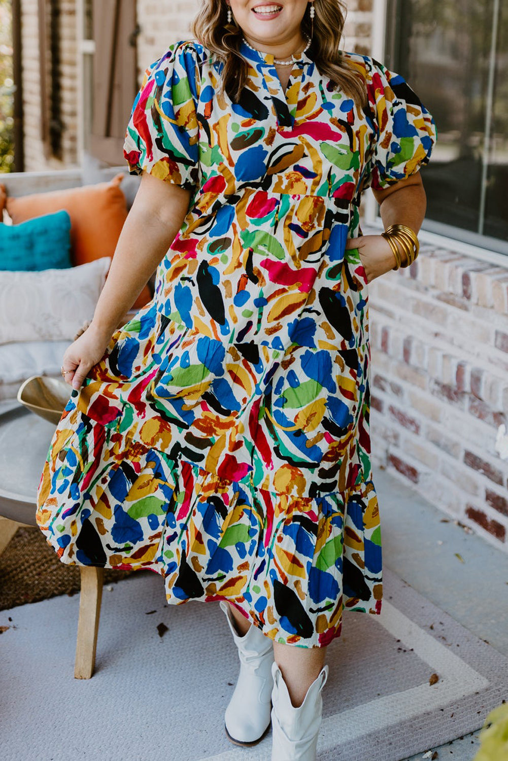 Green Abstract Print Notch Neck Bubble Sleeve Plus Dress