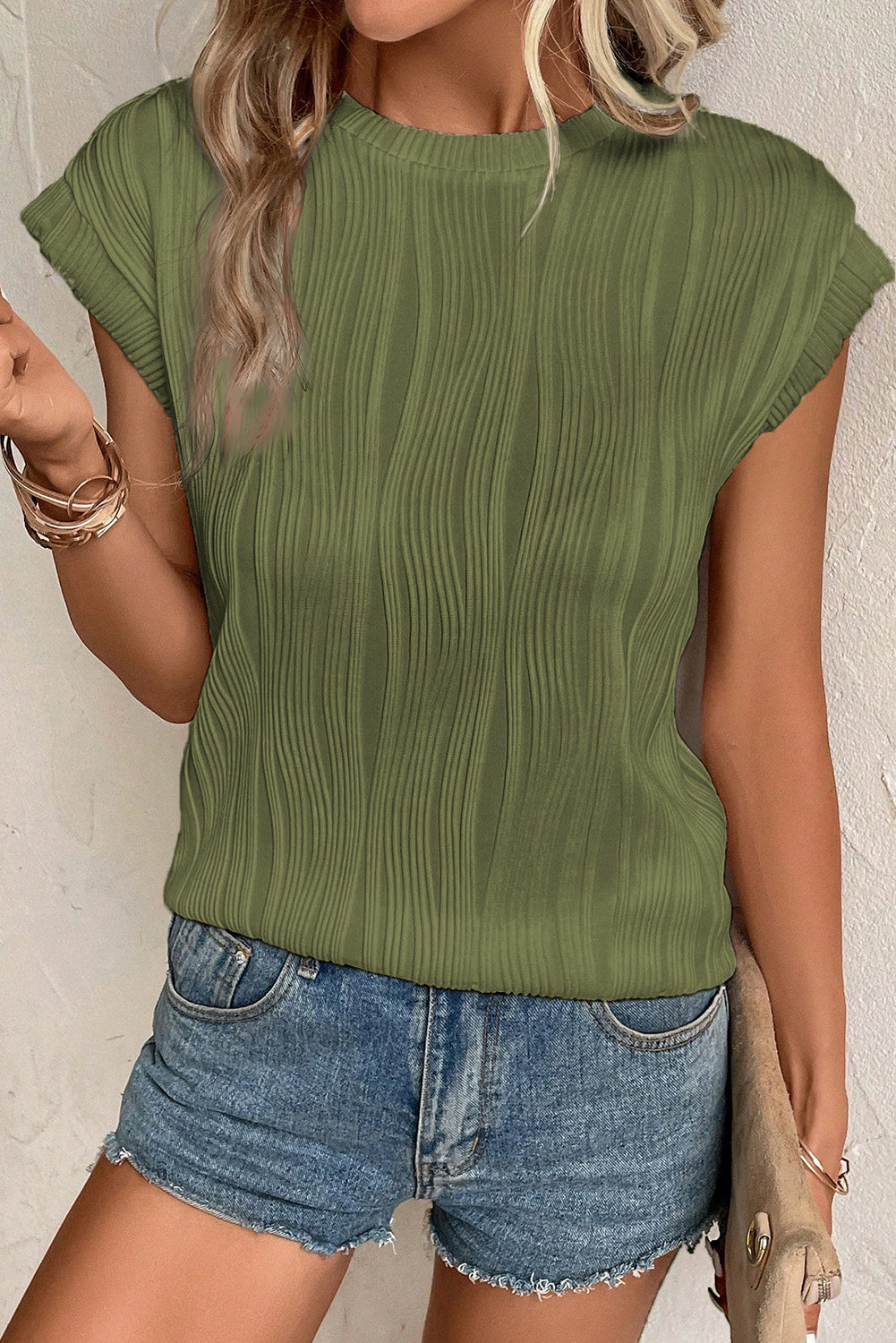 Jungle Green Wavy Texture Cap Sleeve Top