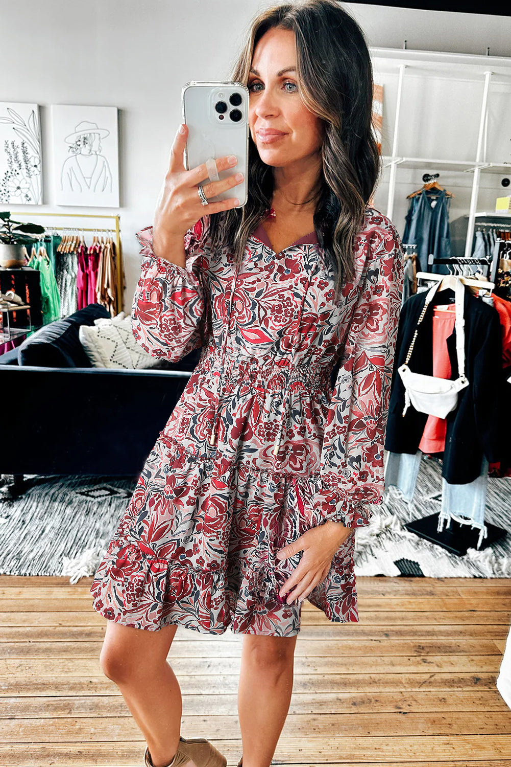 Pitaya Pink Floral Print Ruffle Tiered Puff Sleeve Mini Dress