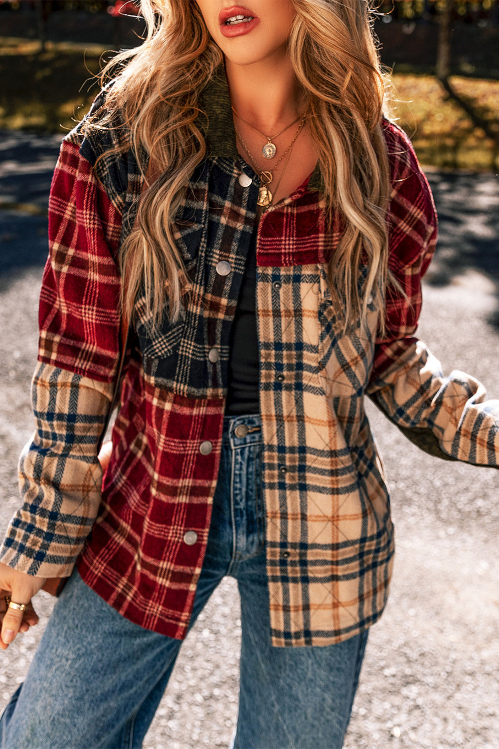 Red Mixed Plaid Patchwork Retro Shacket