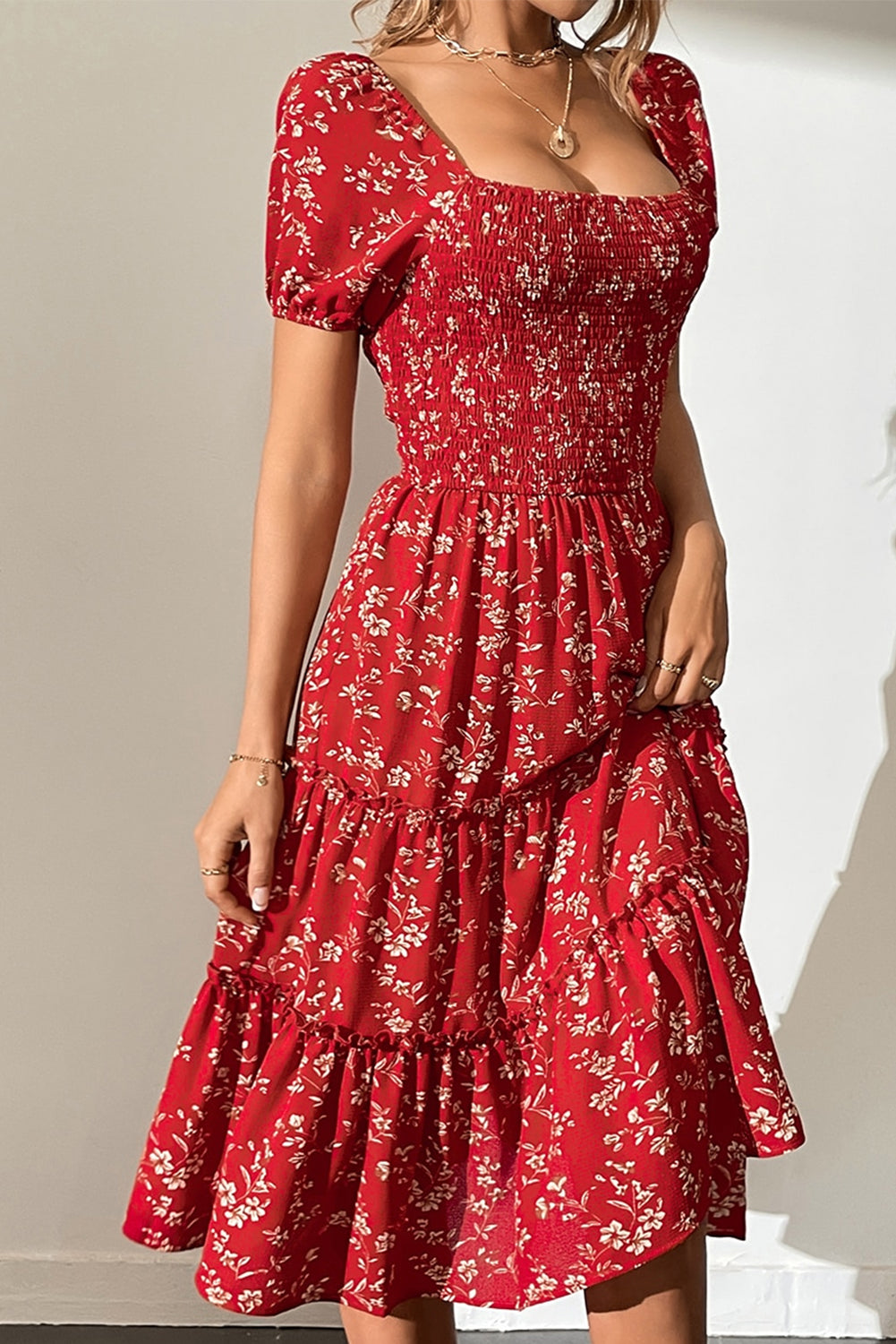 Red Boho Flower Smocked Square Neck Tiered Midi Floral Dress