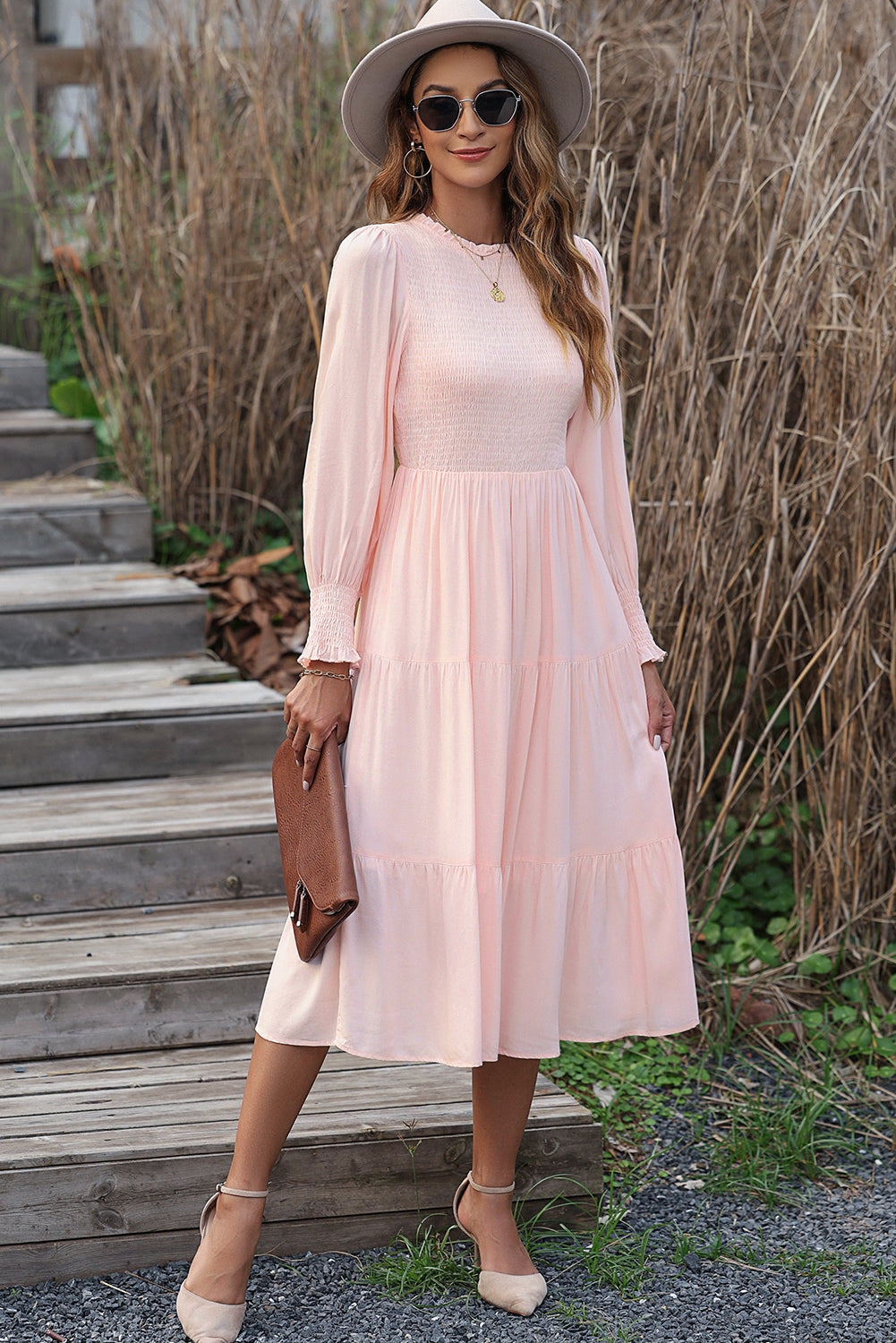 Smocked Bubble Sleeve Ruffle Tiered Midi Dress