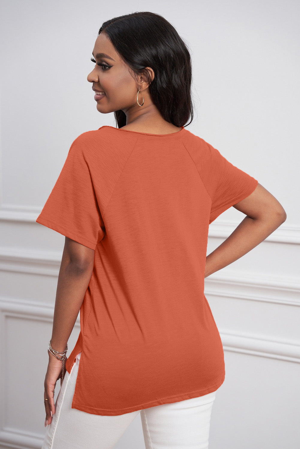 Orange V Neck Short Sleeves Cotton Blend Tee with Front Pocket and Side Slits