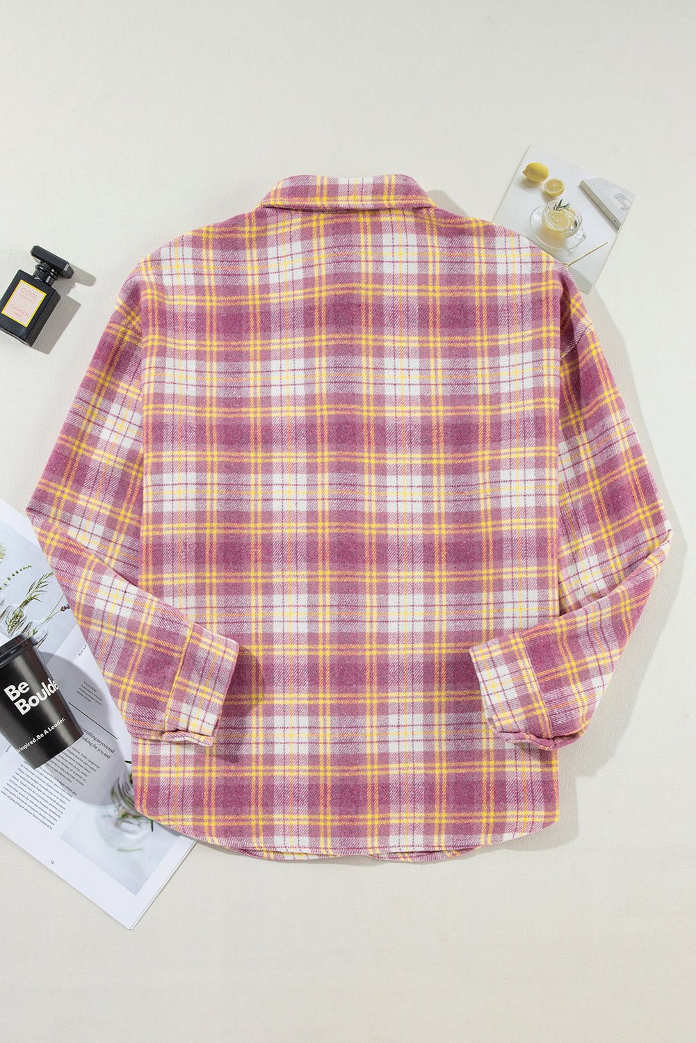 Pink Plaid Print Chest Pocket Long Sleeve Shacket