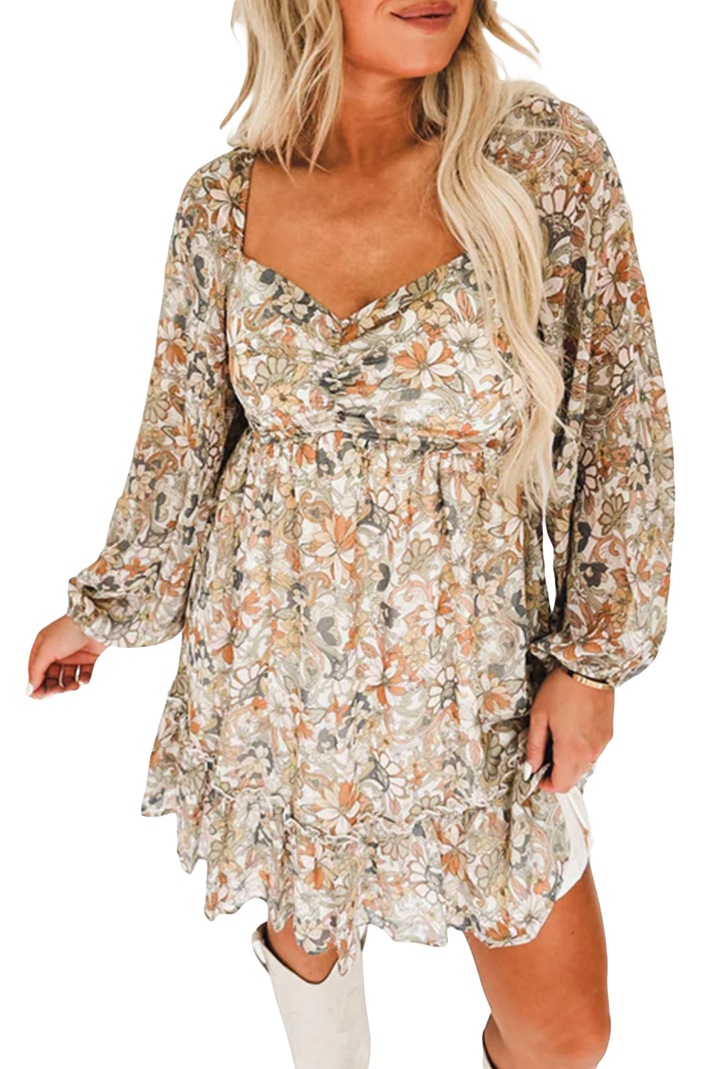 Floral Print Smocked Back Puff Sleeve Mini Dress