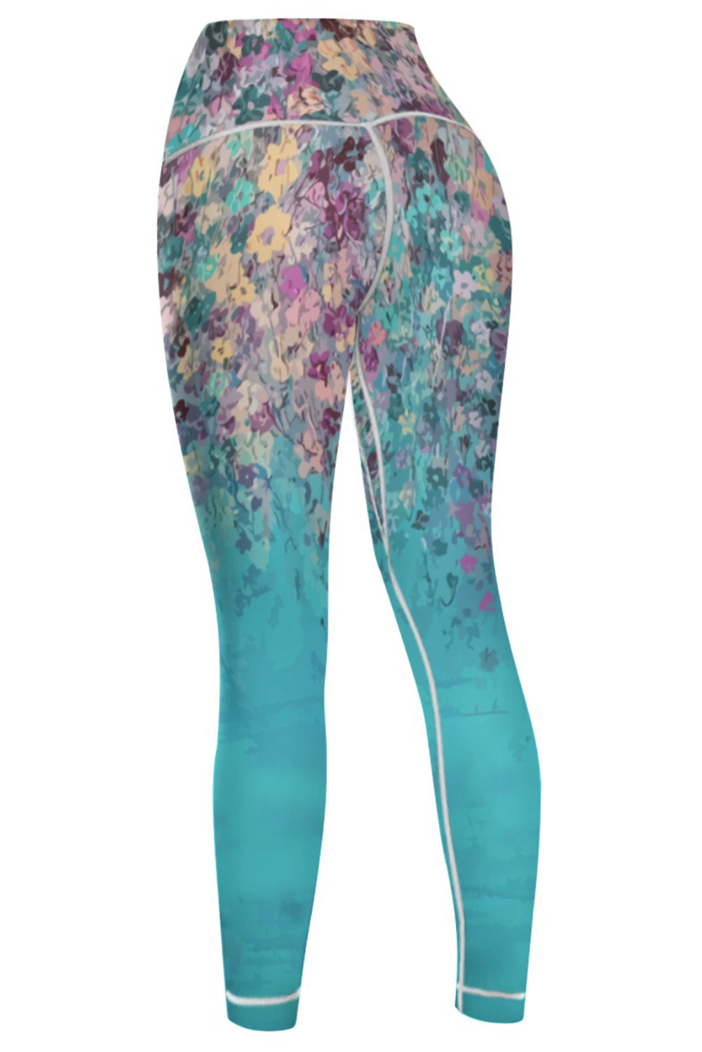 Sky Blue Contrast Trim Abstract Floral Yoga Pants