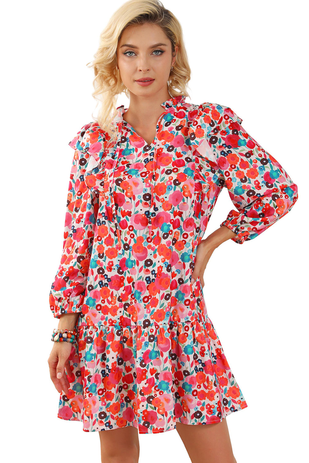 Multicolour Ruffle Split Neck Floral Long Sleeve Dress