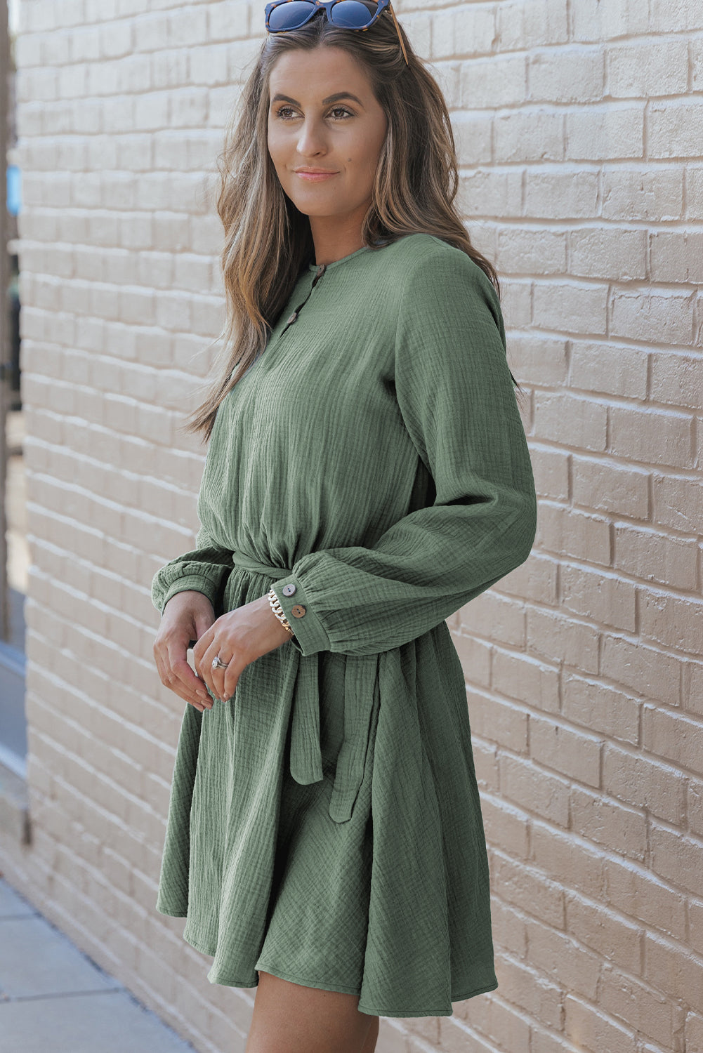 Pickle Green Button Neck Puff Sleeve Belted Pleated Mini Dress