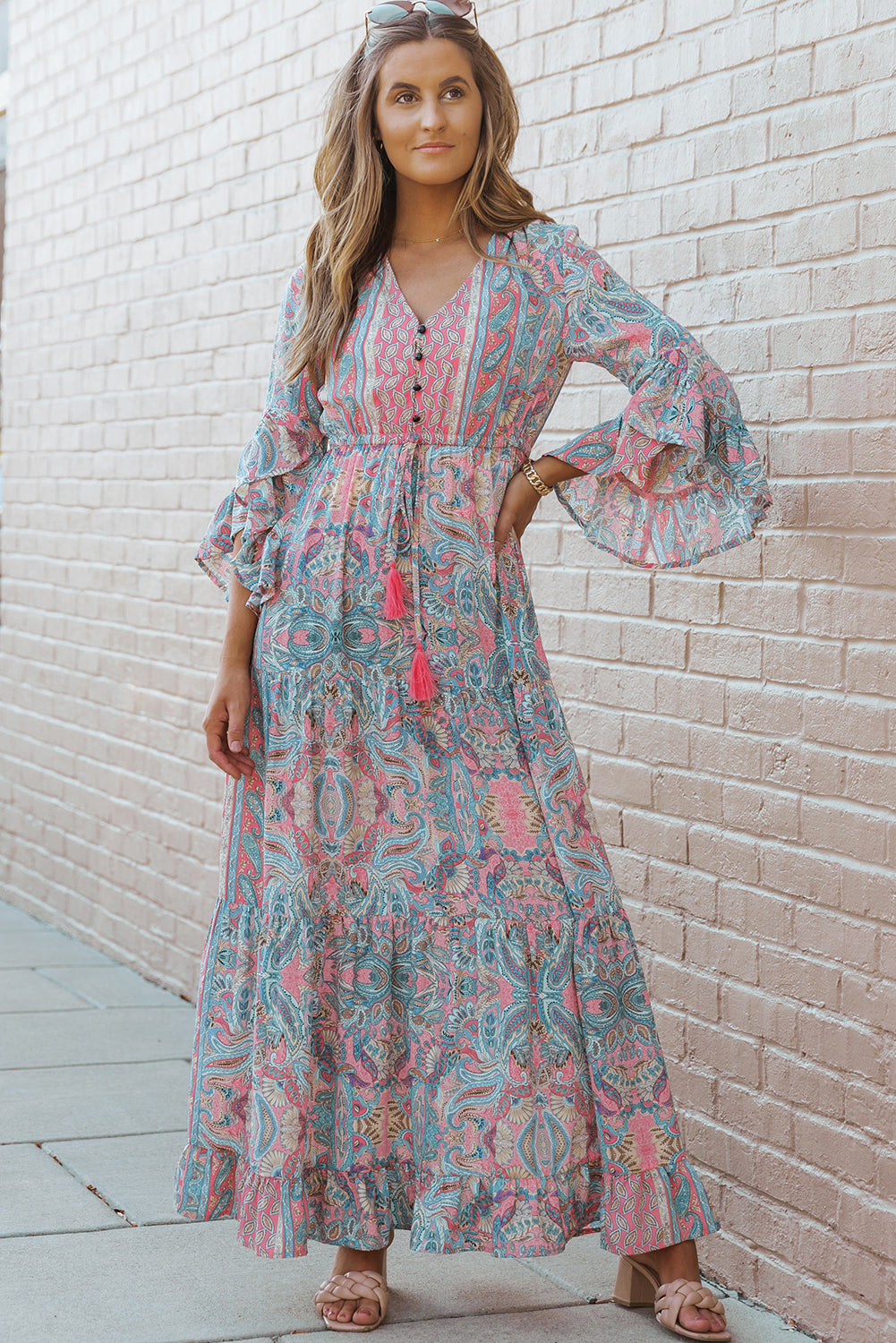 Green Paisley Printed Ruffle Trim Elegant Maxi Dress