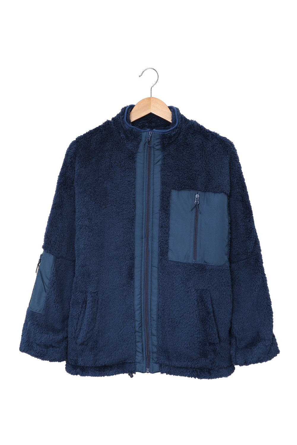 Blue Black Zip Up Sherpa Coat with Pocket