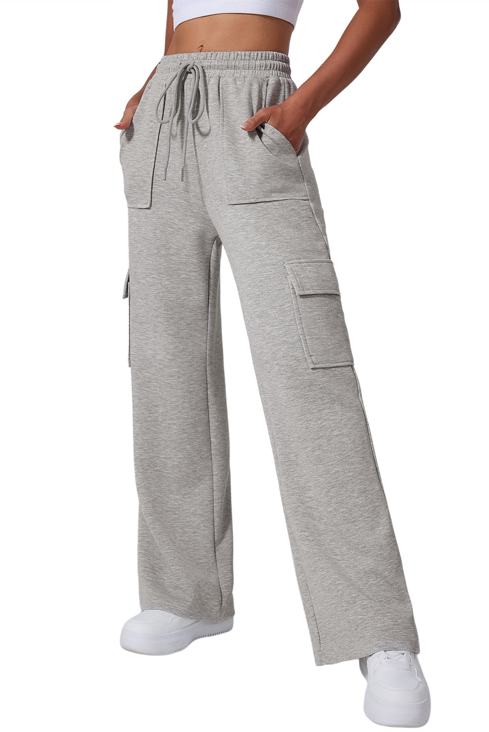 Light Grey Multi Pockets Lace-up High Waist Wide Leg Workout Pants