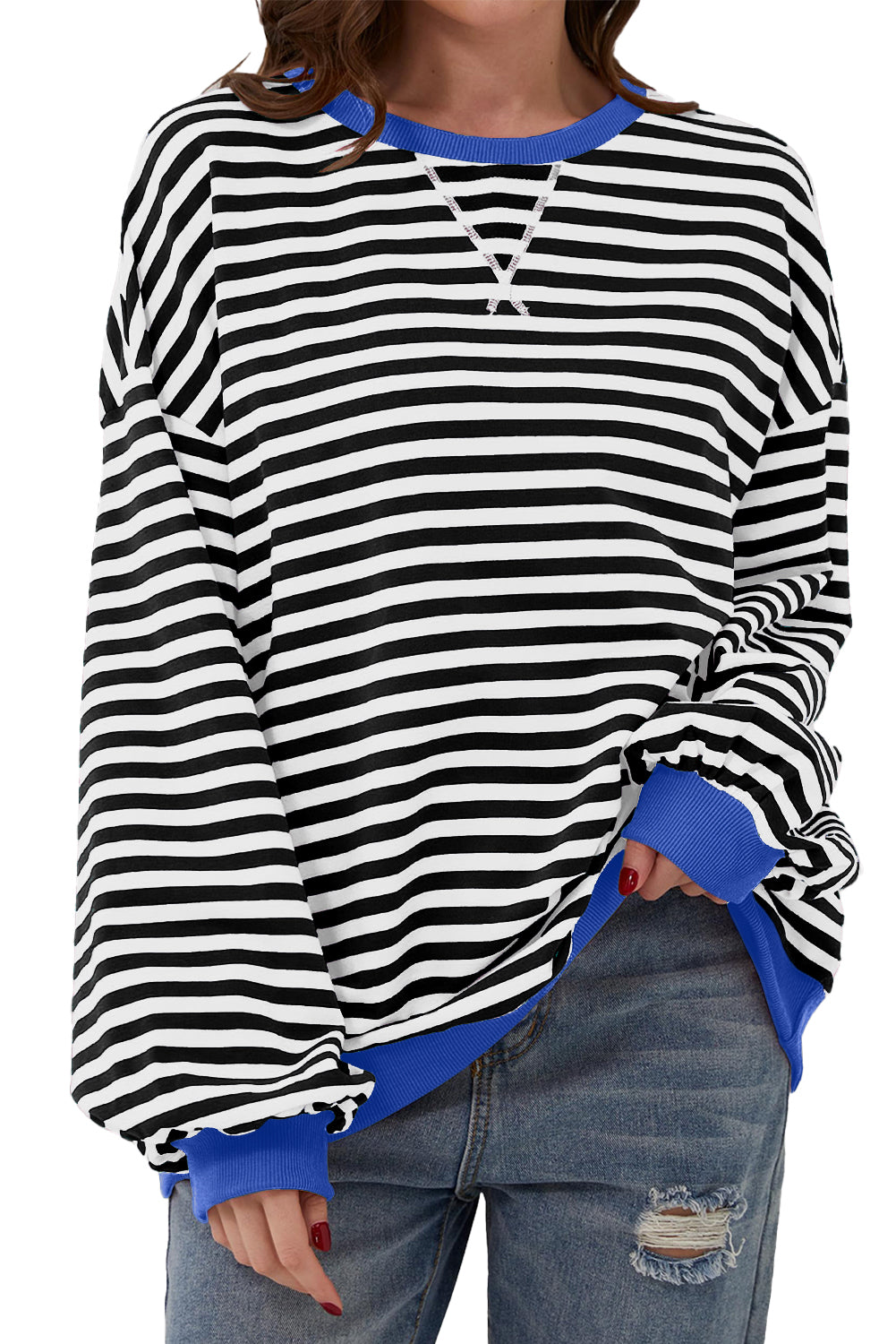 Black Stripe Oversized Contrast Trim Pullover Sweatshirt