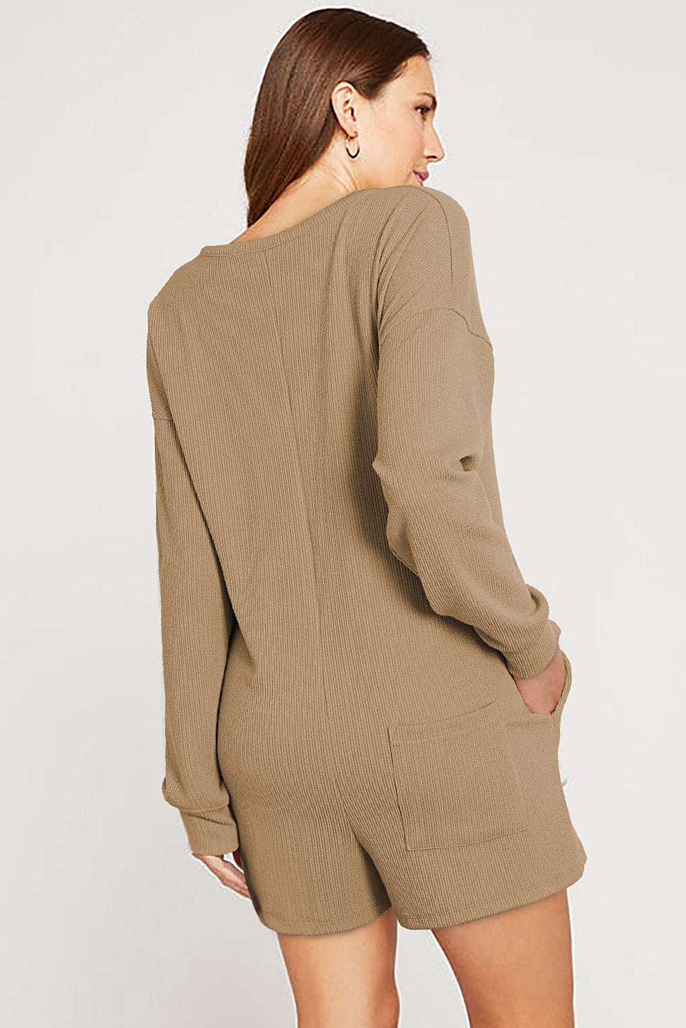 Khaki Brushed Ribbed Button Split V Neck Long Sleeve Romper