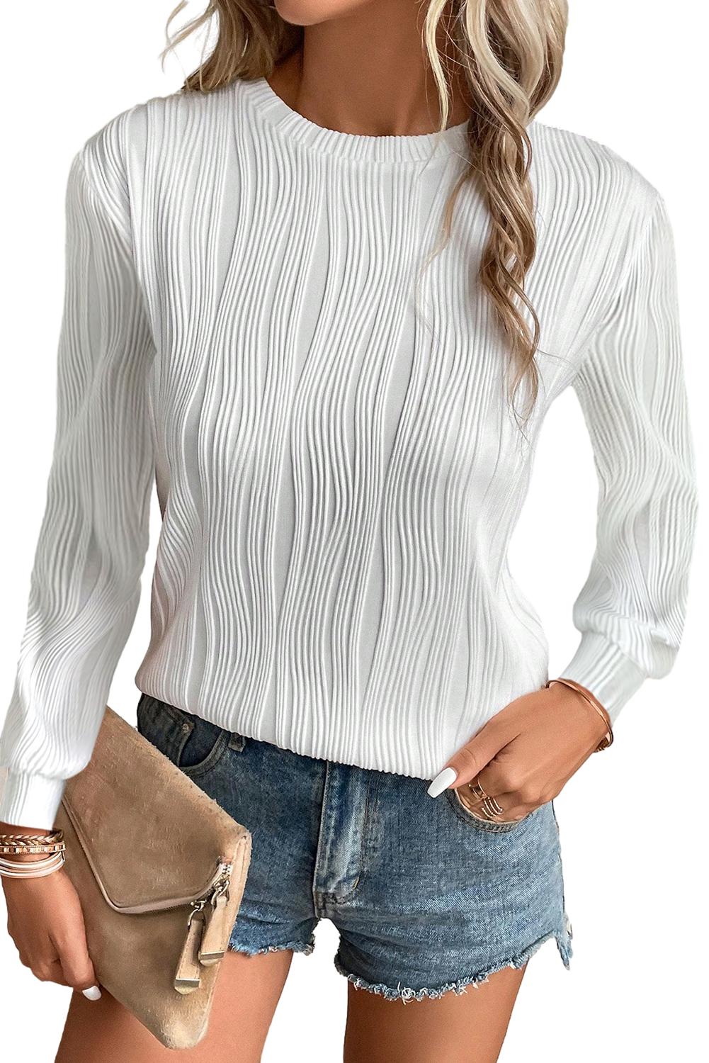 White Textured Wavy Round Neck Long Sleeve Top