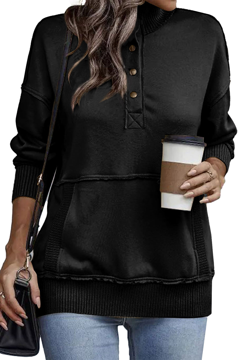 Black Ribbed Hem Snap Button Neckline Sweatshirt with Pocket