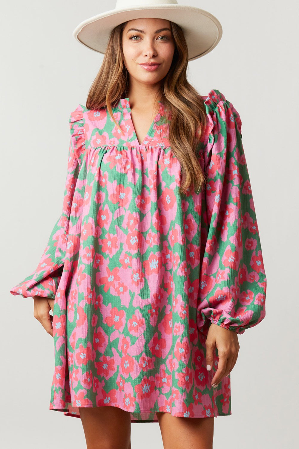 Pink Split V Neck Bubble Sleeve Loose Floral Dress