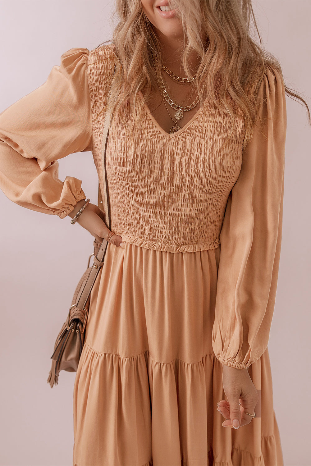 Pale Chestnut Smocked V Neck Long Sleeve Ruffle Dress