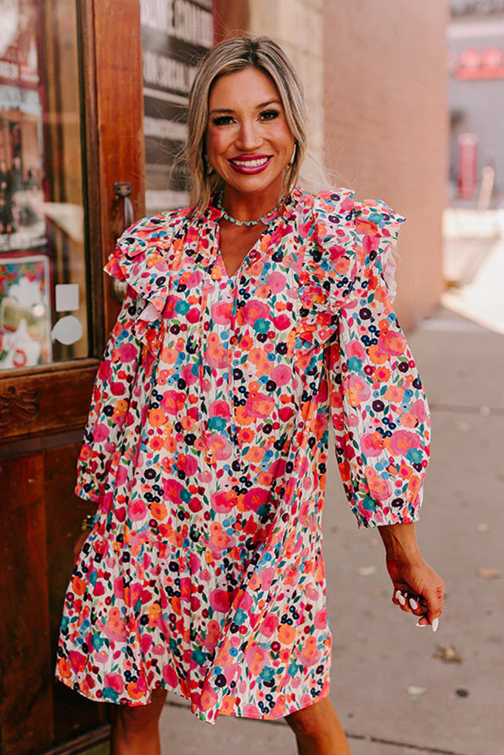 Multicolour Ruffle Split Neck Floral Long Sleeve Dress