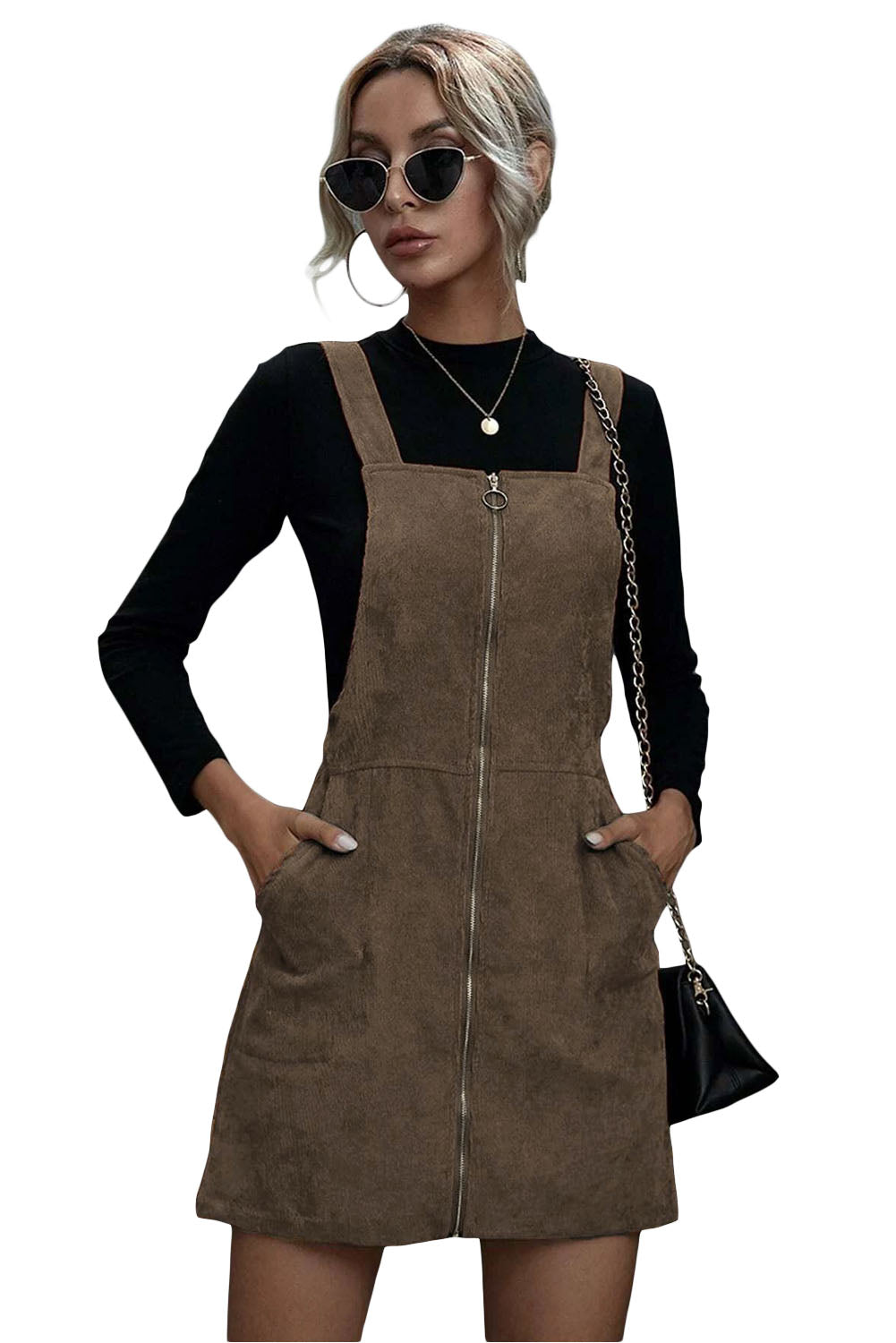 Brown O-ring Zip Up  Pocketed Corduroy Dress